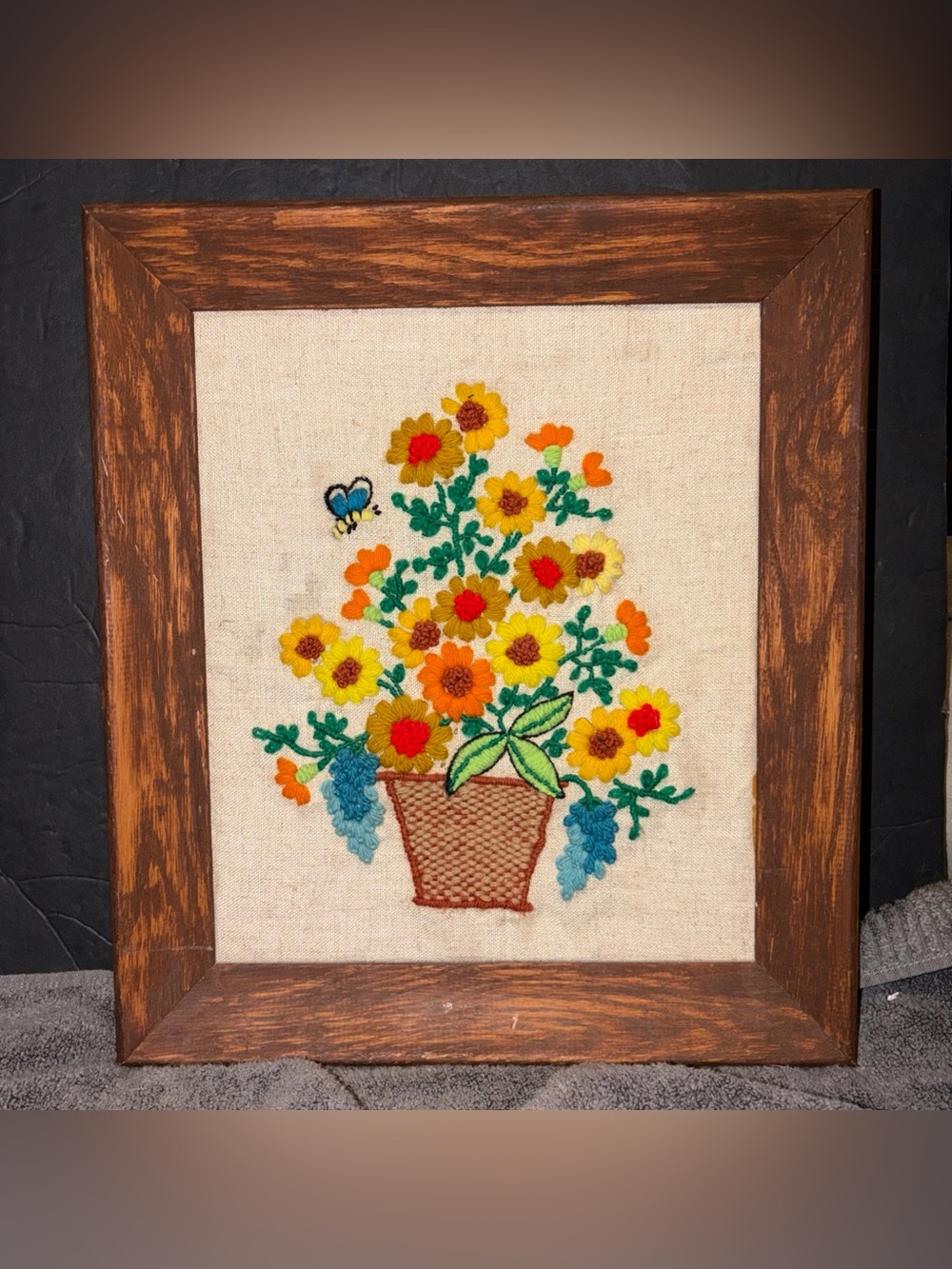 Vintage Yarn Crewel Embroidered Flowers Bee Basket Wall Art Picture Framed
